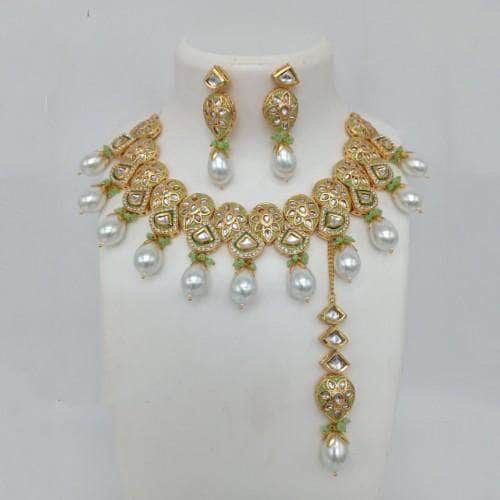 Ishhaara Light Green Triangular Meena Kundan Drop Necklace Set