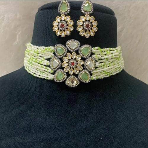 Ishhaara Light Green Triangular Moti Choker And Earring set