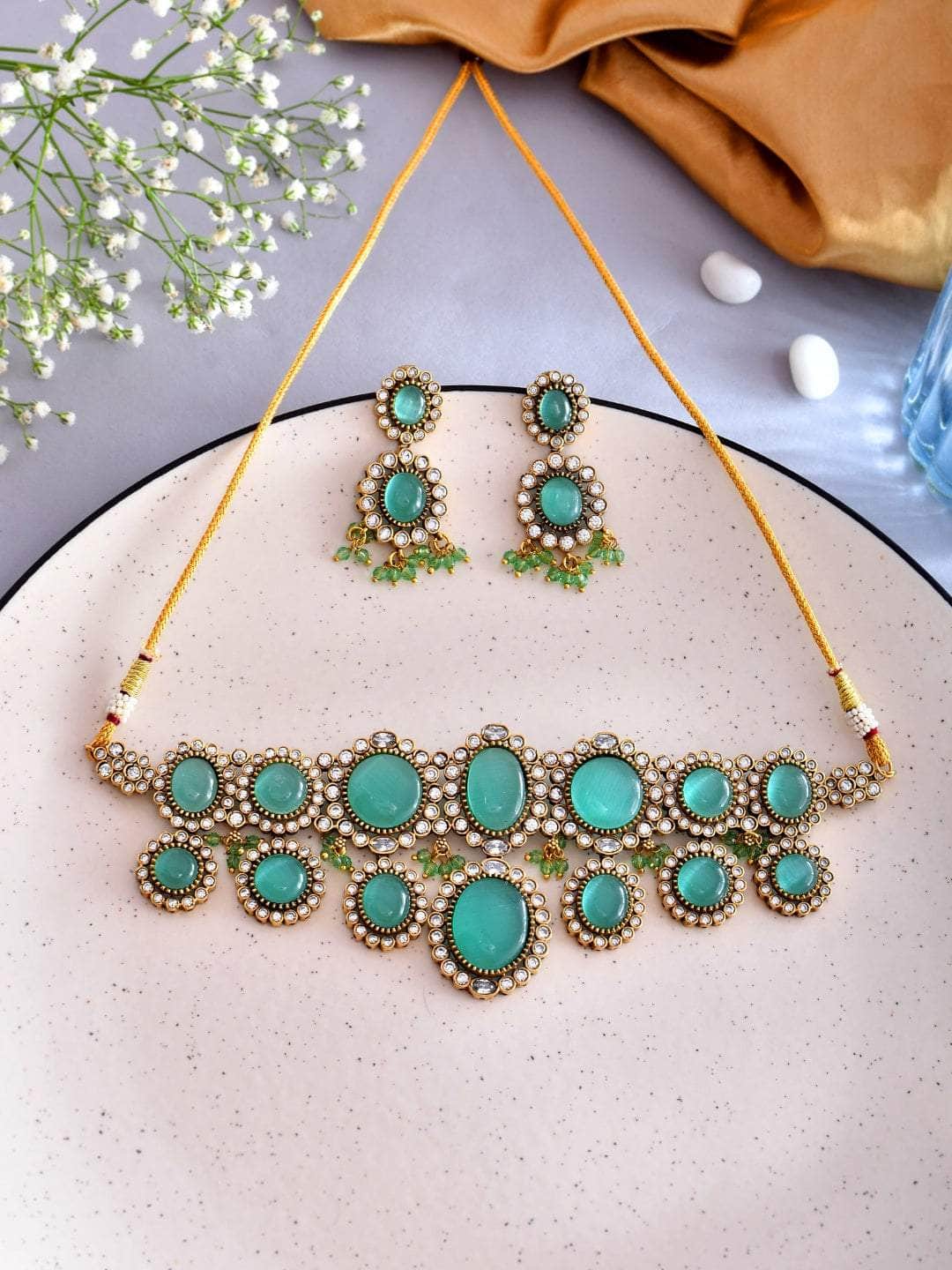Ishhaara Light Green Turquoise kundan Pearl necklace set