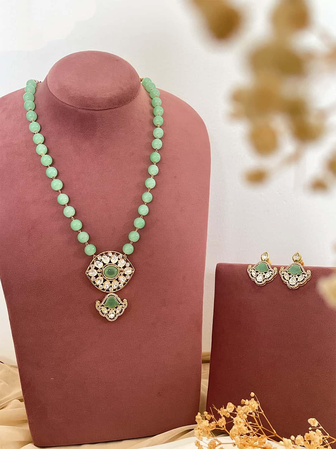 Ishhaara Light Green Two Tone Finish Kundan Polki And Agate Long Necklace Set