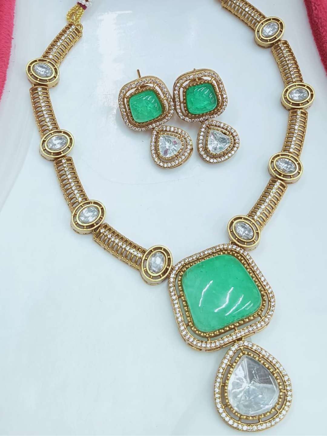 Ishhaara Light Green Two Tone Finish Zircon Beaded Necklace Set