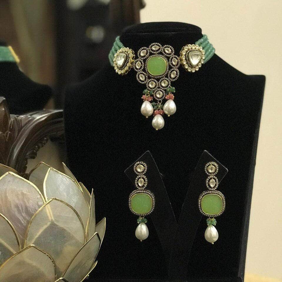 Ishhaara Light Green Victoria Patchi Baroque Necklace Set