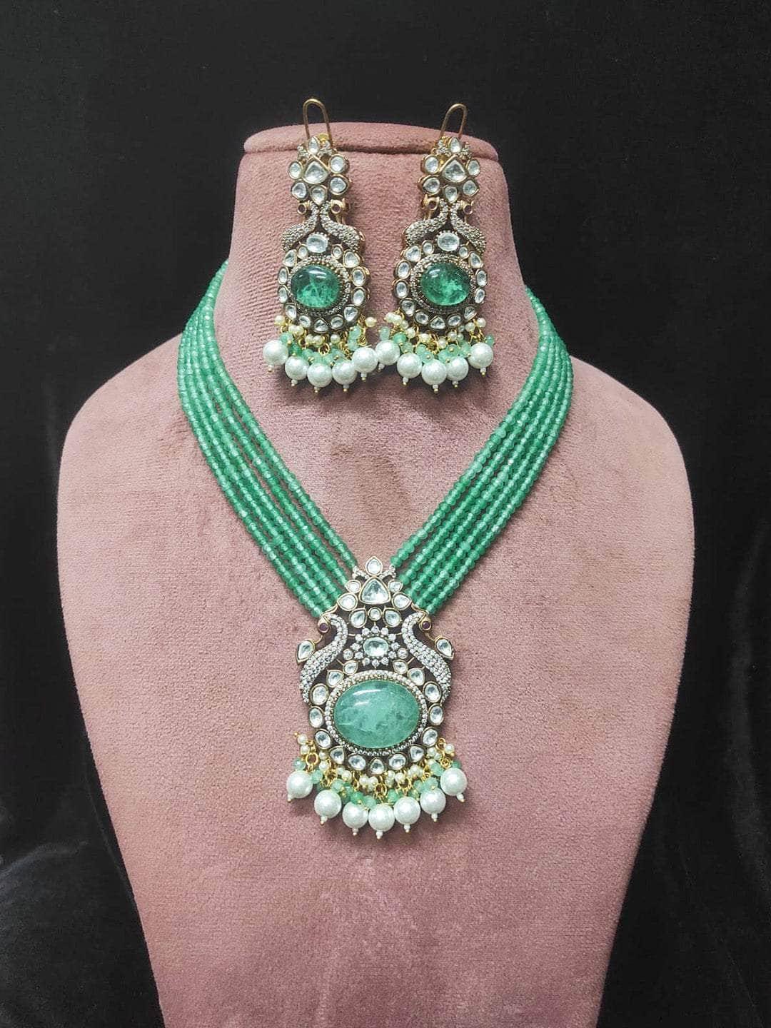 Ishhaara Victorian Finish Long Peacock Design Uncut Necklace Set