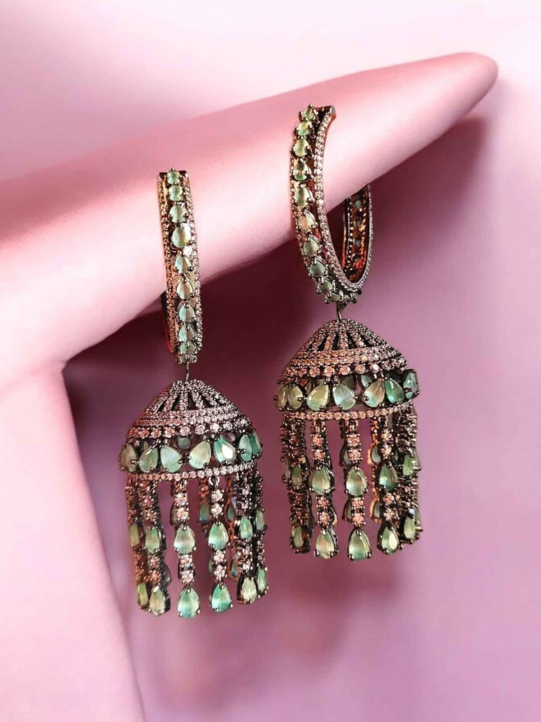 Ishhaara Light Green Victorian Polished Stone Jhumkas