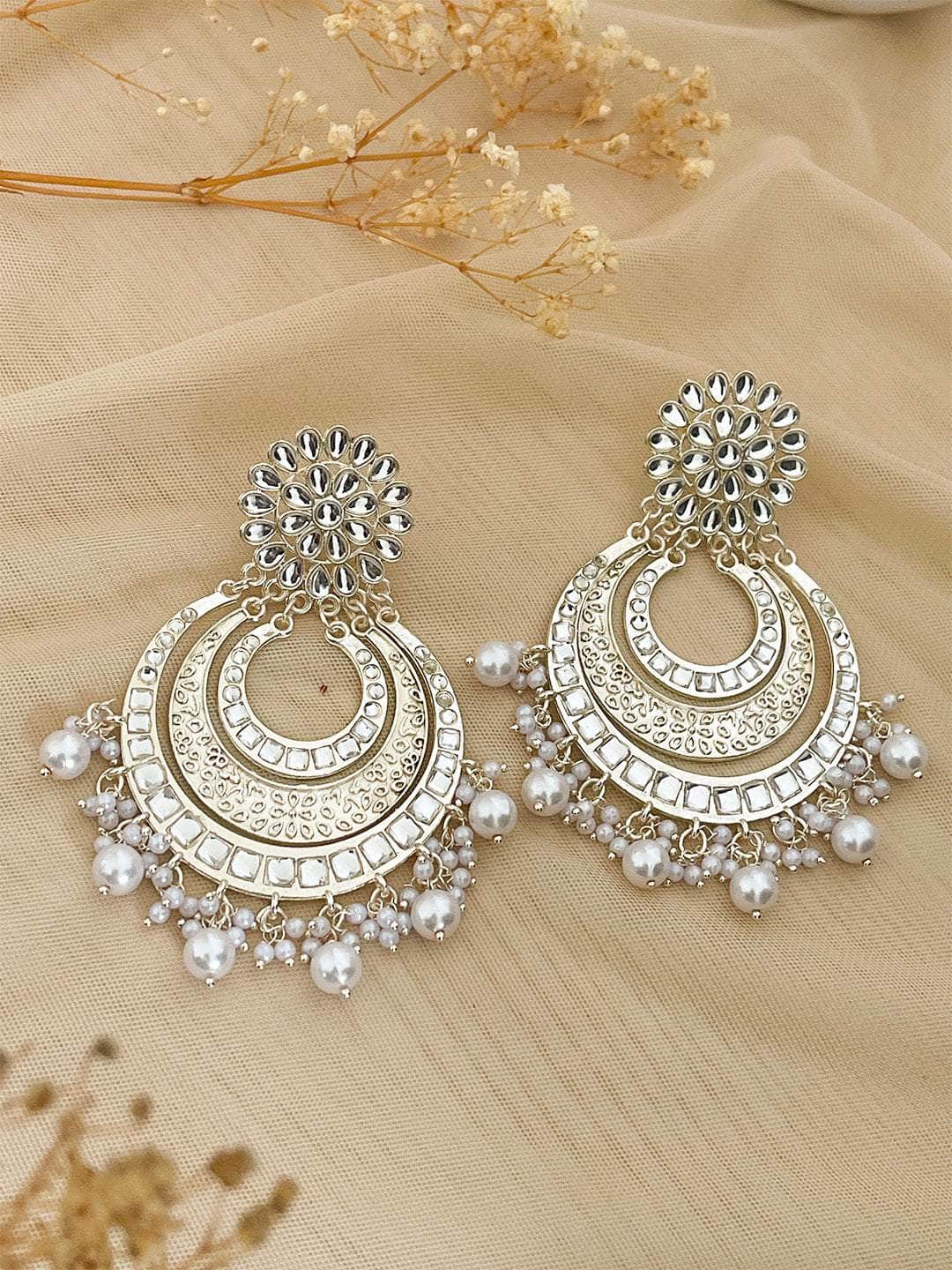 Ishhaara Light Grey Moti & Stonework Chandbali Earrings