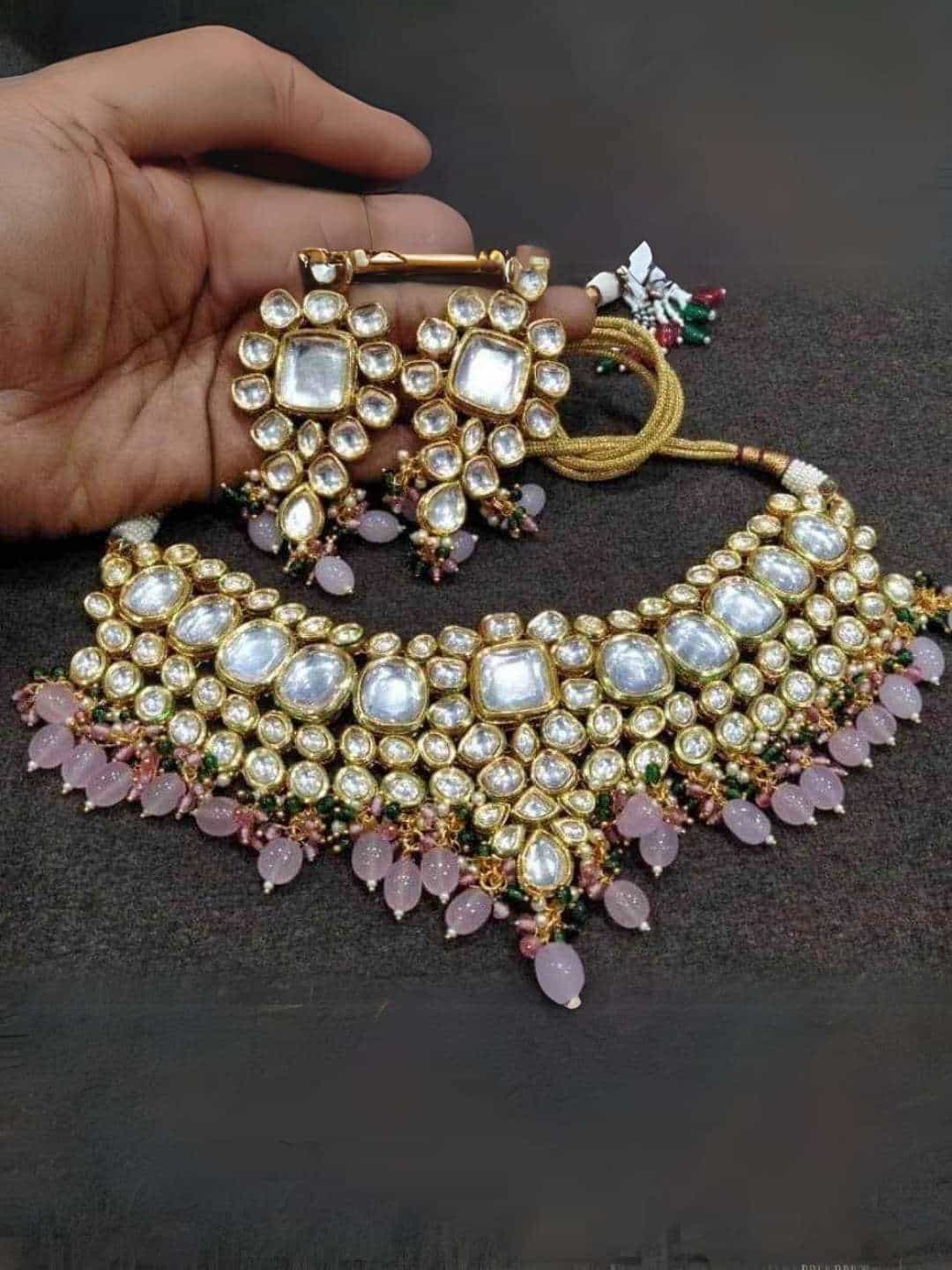 Ishhaara Light Pink Big Kundan Necklace With Multi Beads