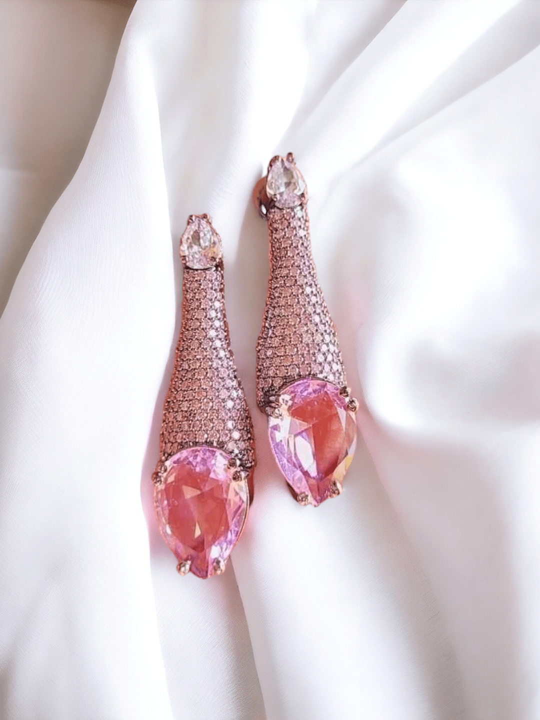 Ishhaara Light Pink Brass Cubic Zirconia Water Drop Earrings
