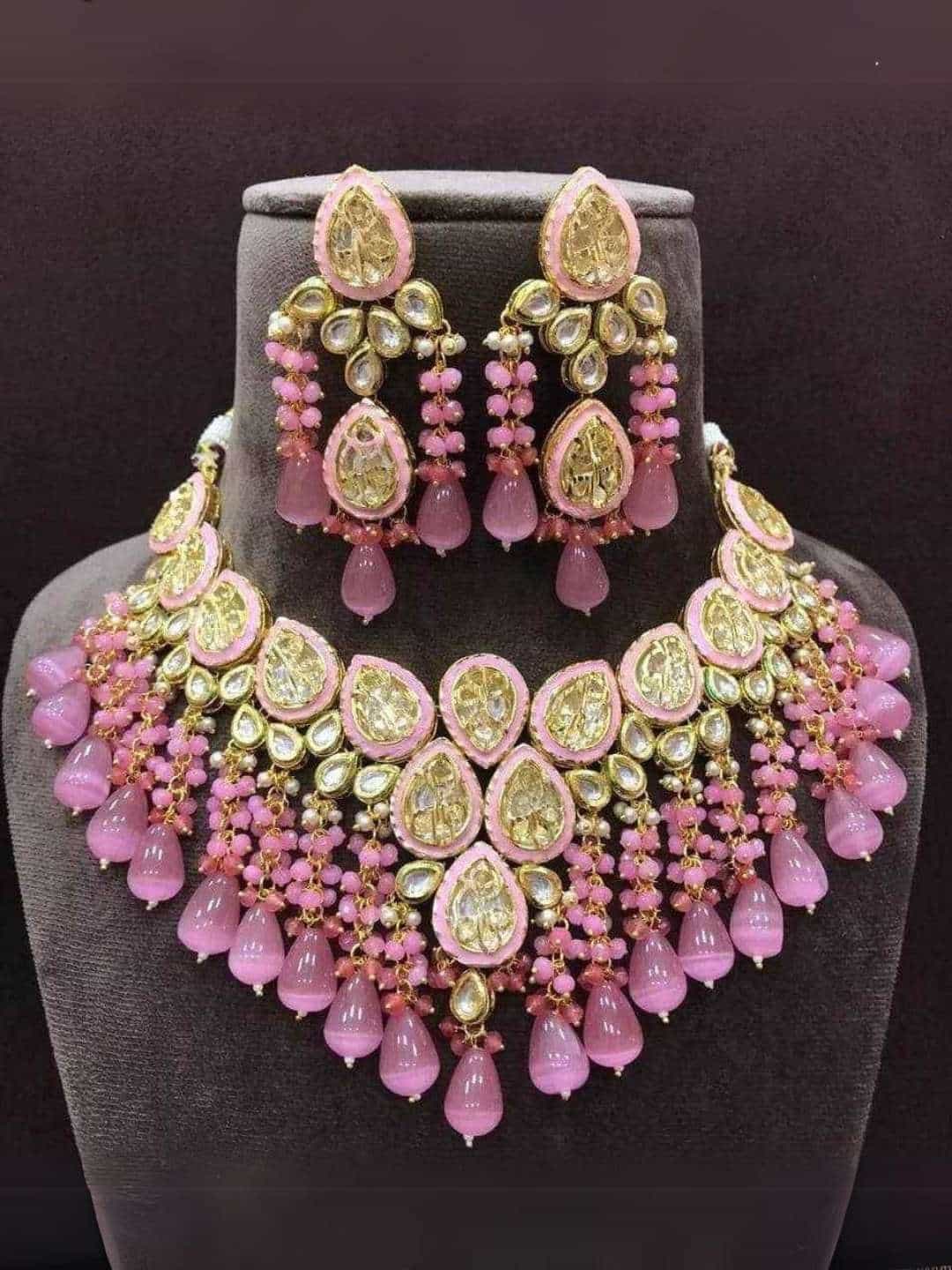 Ishhaara Light Pink Centre Point Druzy Meena Necklace