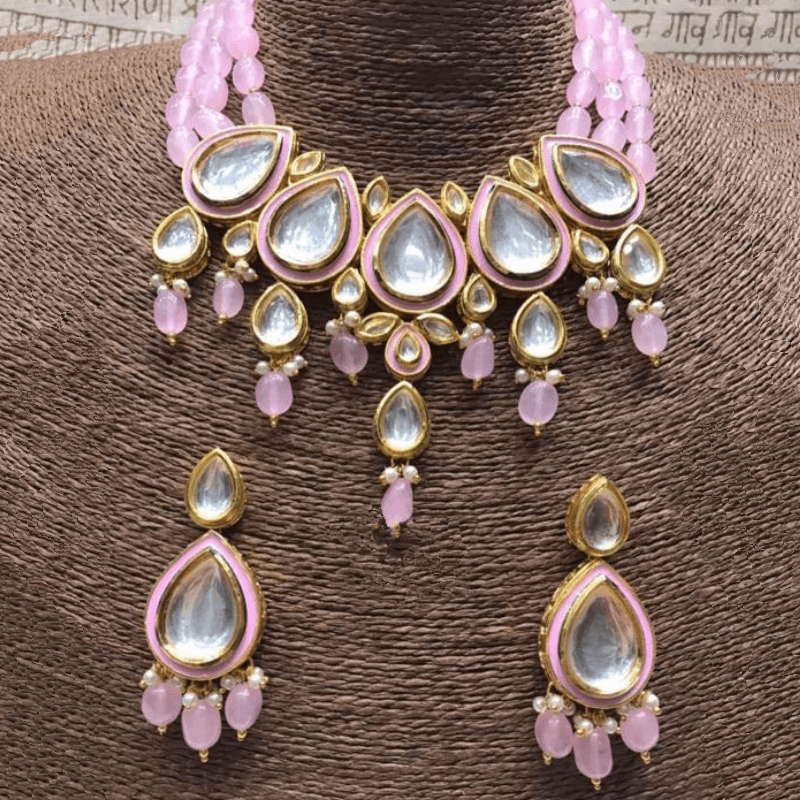 Ishhaara Light Pink Drop Meena Kundan Beads Necklace