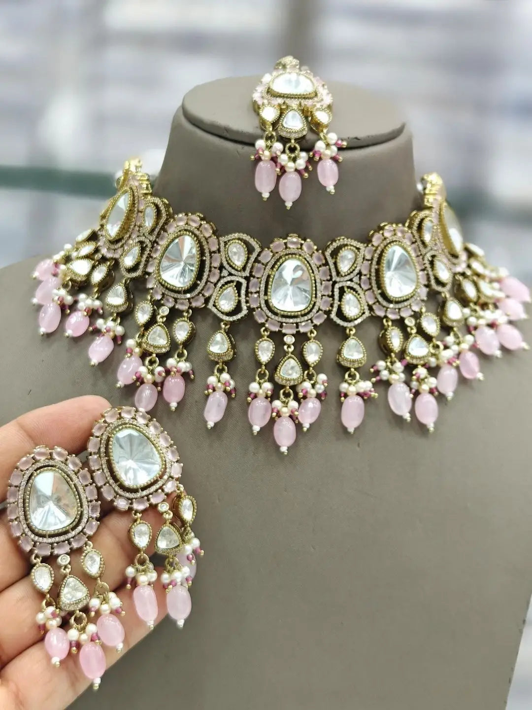 Ishhaara Light Pink Elegant Stone Studded Polki Neckalce