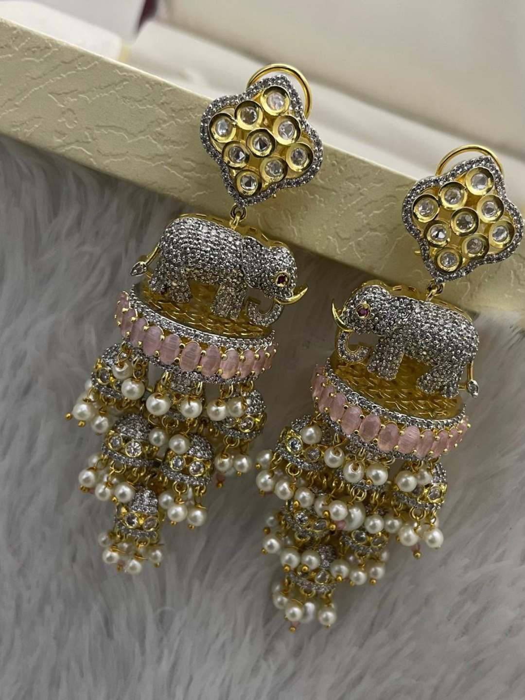 Ishhaara Light Pink Elephant Motif Kundan Earrings