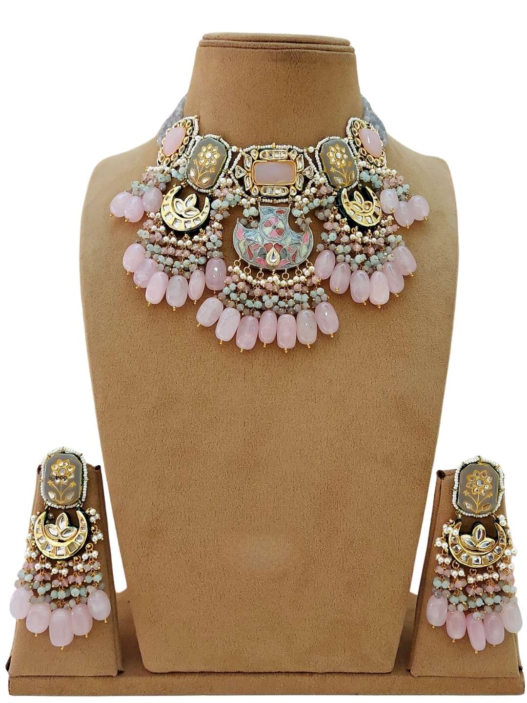 Ishhaara Light Pink Gold Finish Semiprecious Stone Meenakari Necklace Set