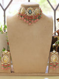 Ishhaara Light Pink Gold Plated Pearl Beaded Stone Studded Necklace And Earrings Set