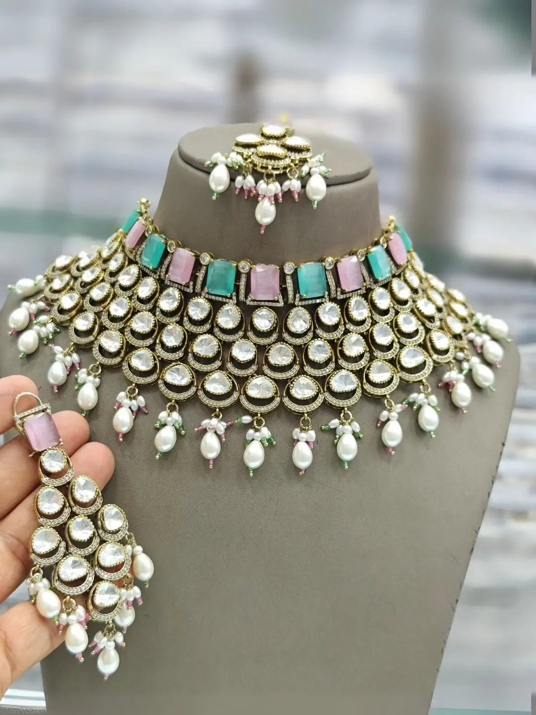 Ishhaara Light Pink Gold Plated Polki Kundan Stone And Pearl Choker Necklace Set