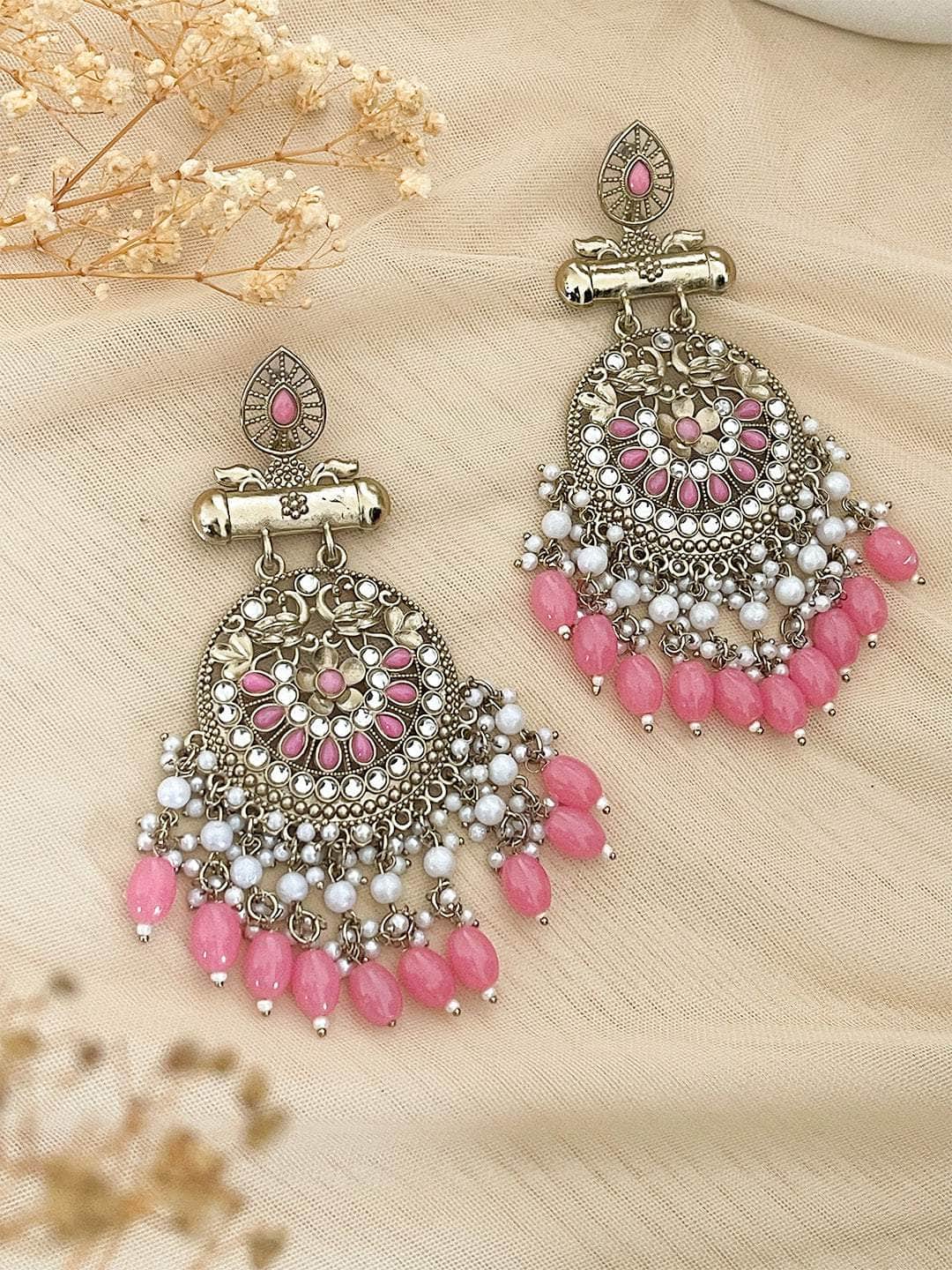 Ishhaara Light Pink Kundan Long Designer Chandbali Earrings