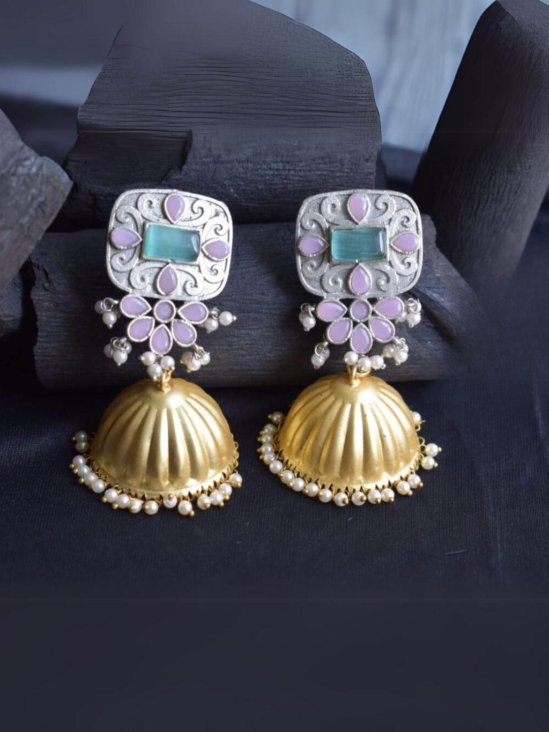 Ishhaara Light Pink Matte Finish Gold Jumka With Glossy Enameled Stud