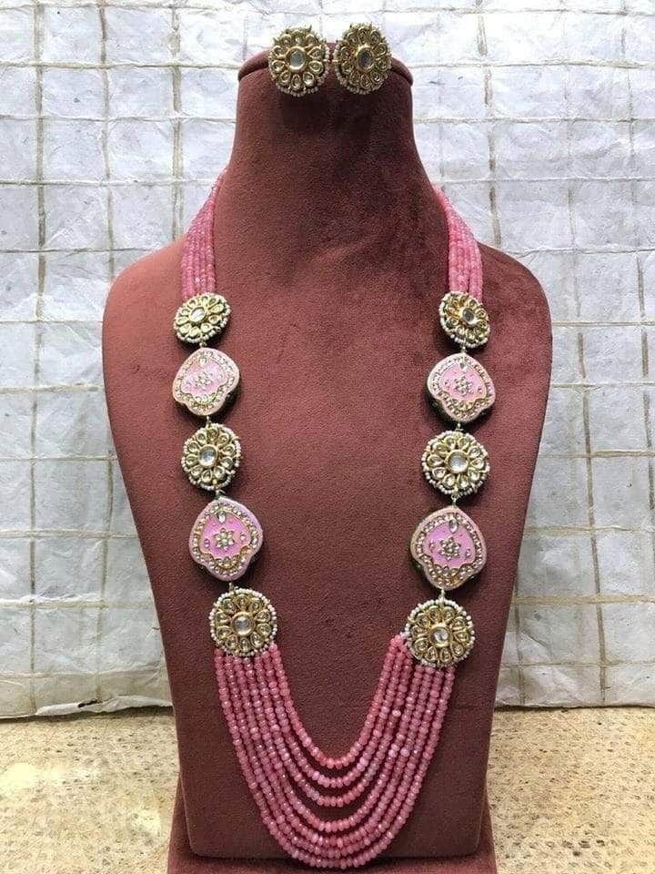 Ishhaara Light Pink Meena Kundan Side Pendant Layered Necklace