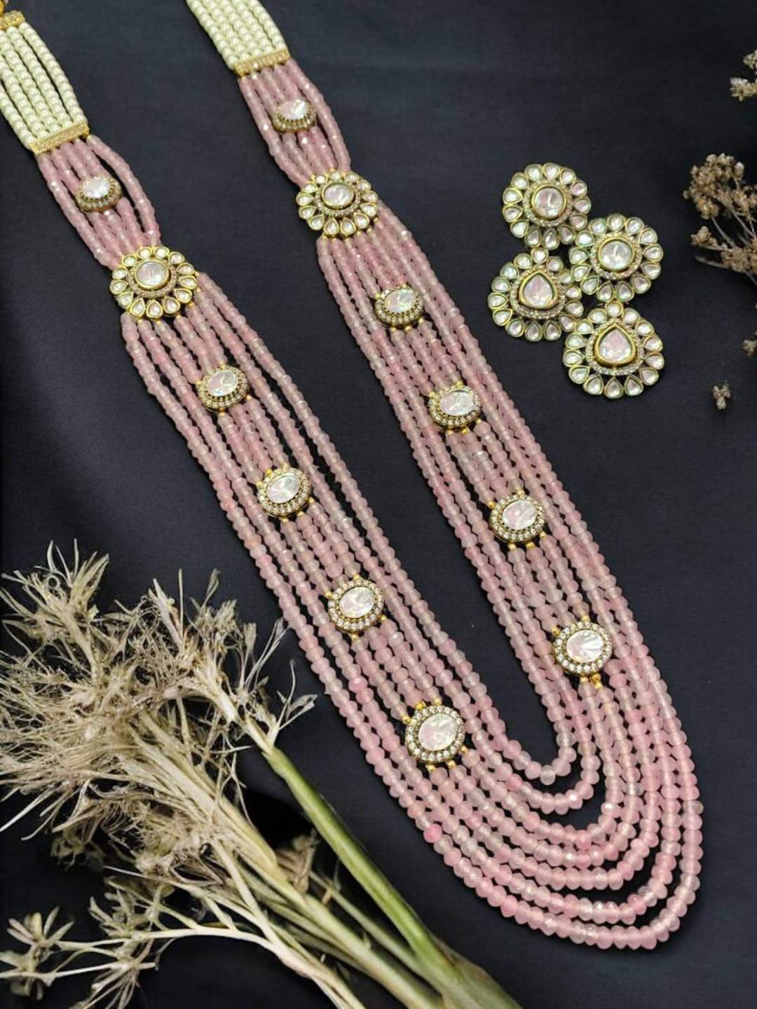 Ishhaara Light Pink Multi Layered Beaded Kundan Polki Long Necklace