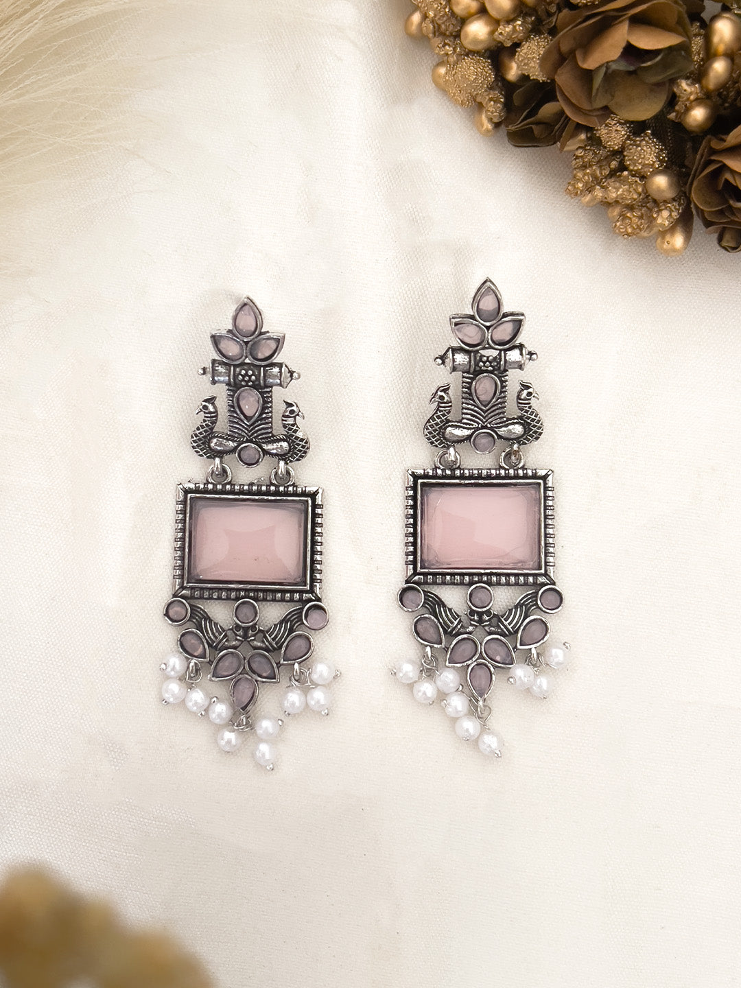 Ishhaara Light Pink Peacock Silver Oxidised Earring