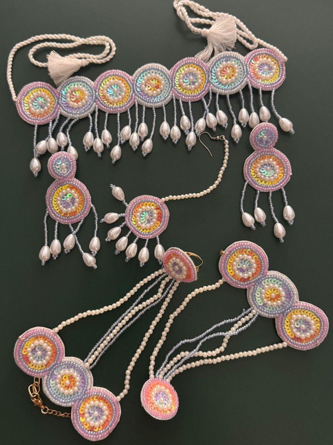 Ishhaara Pink Pink Floral Handmade Beaded Jewellery Set For Haldi,Mehndi, Baby Shower