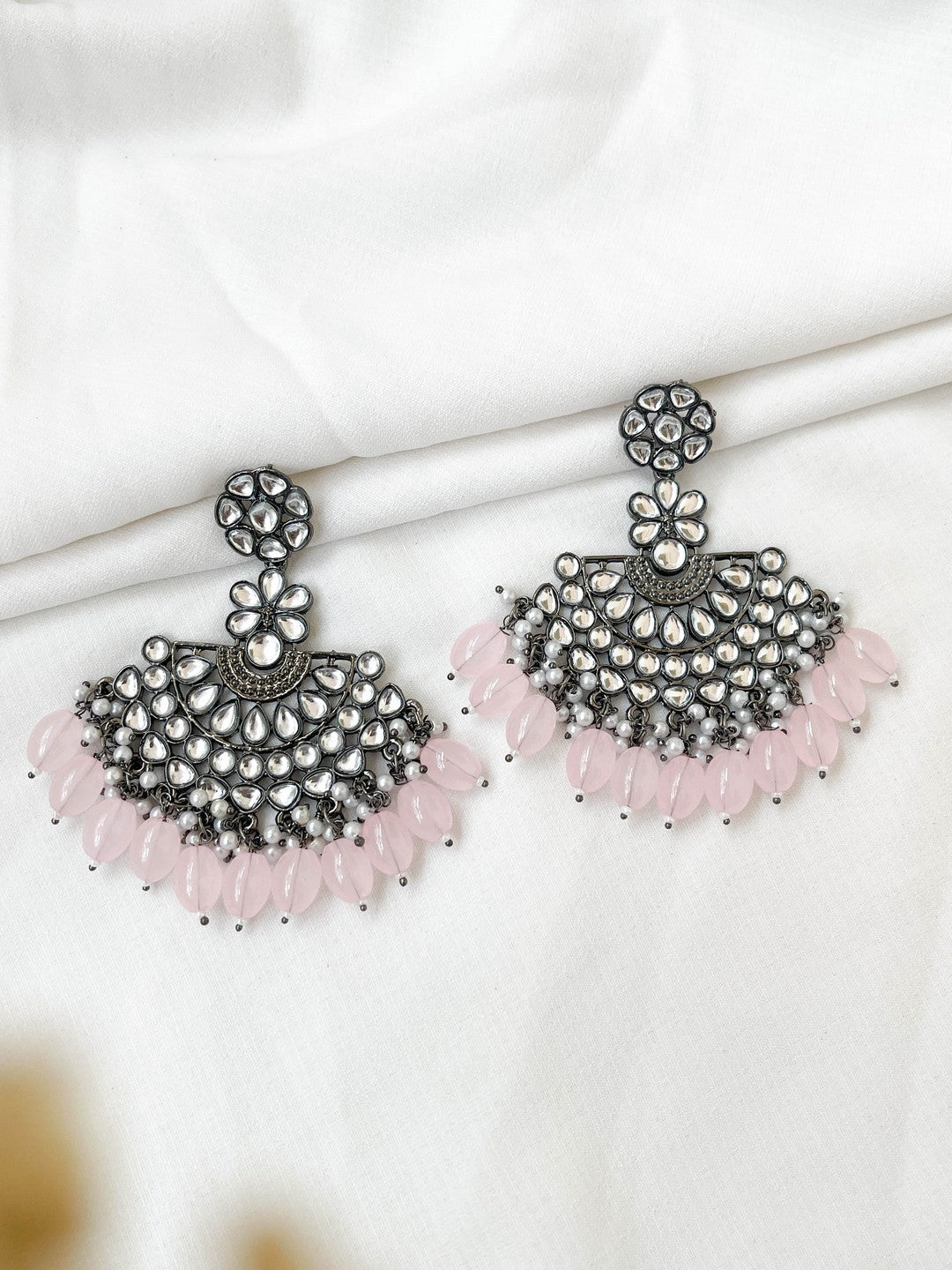 Ishhaara Light Pink Silver Plated Stone Studded And Beaded Drop Earrings