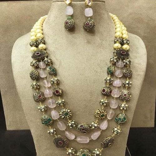 Ishhaara Light Pink Stone Gunmetal Beads Necklace