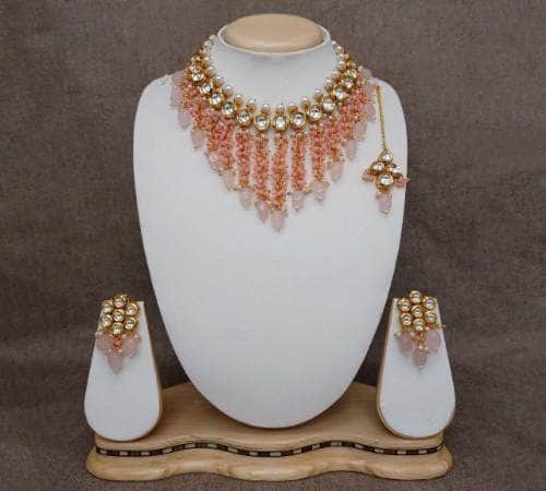 Ishhaara Light Pink Tassel Coral Necklace Set
