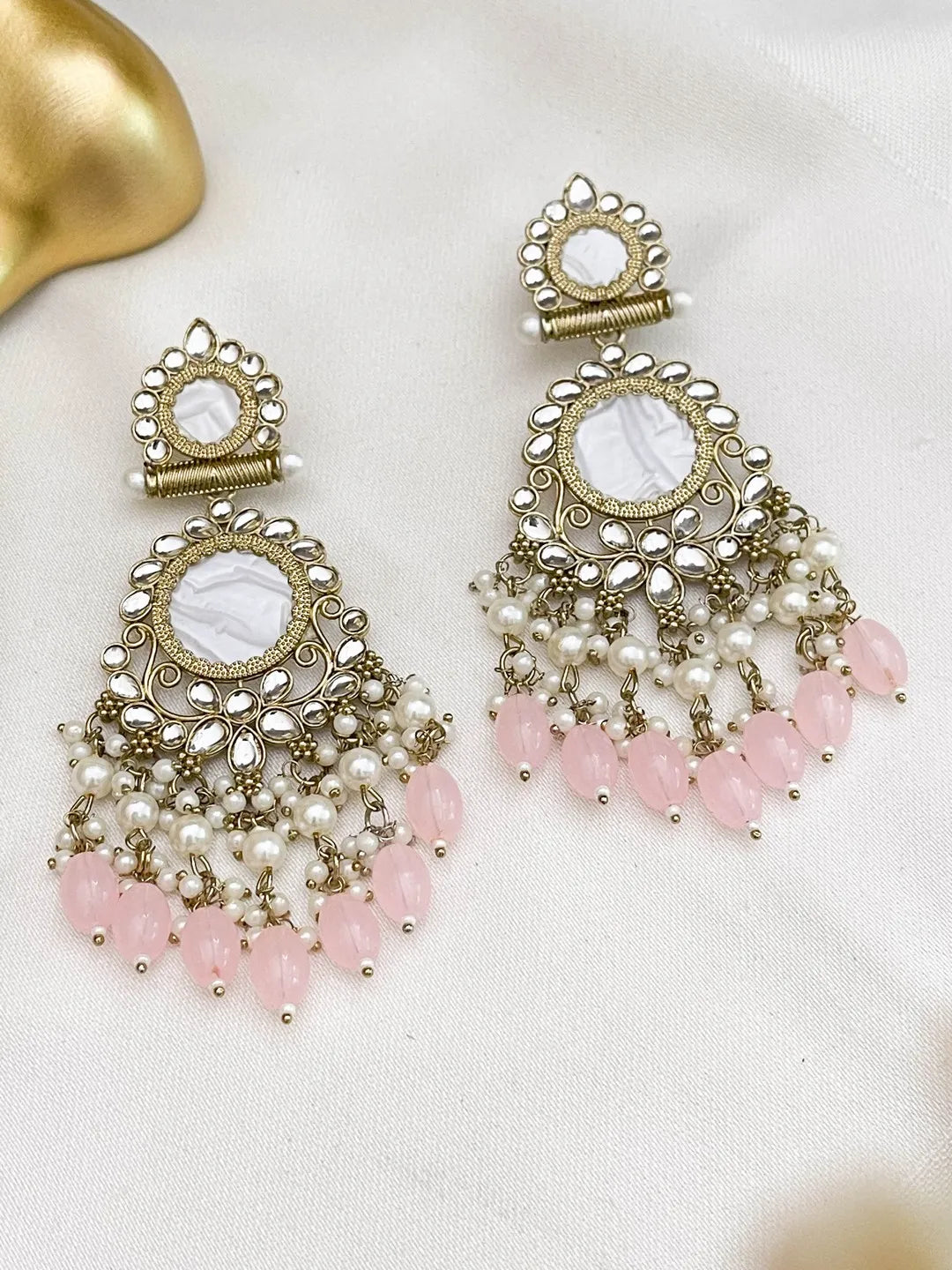 Ishhaara Light Pink Traditional Kundan And Pearl Drop Earrings