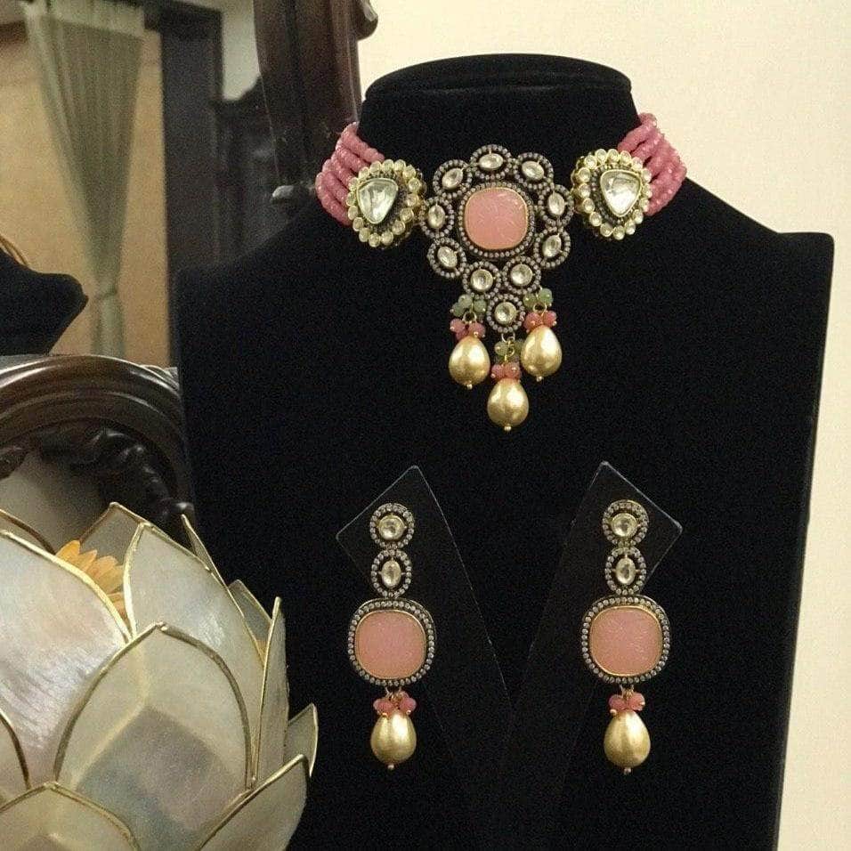 Ishhaara Light Pink Victoria Patchi Baroque Necklace Set
