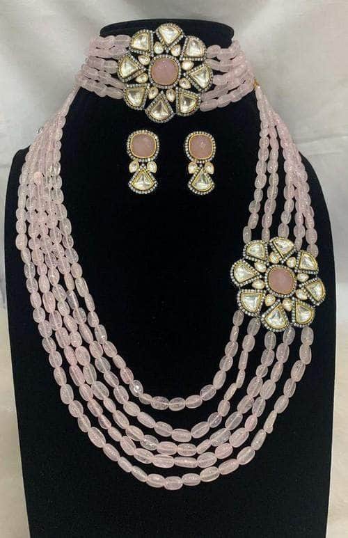 Ishhaara Light Pink Victorian Pendant Long And Short Necklace Set