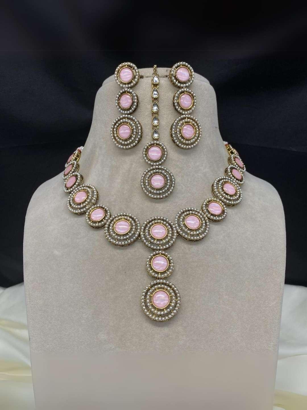 Ishhaara Light Pink Victorian Round Pearl Studded Heavy Necklace