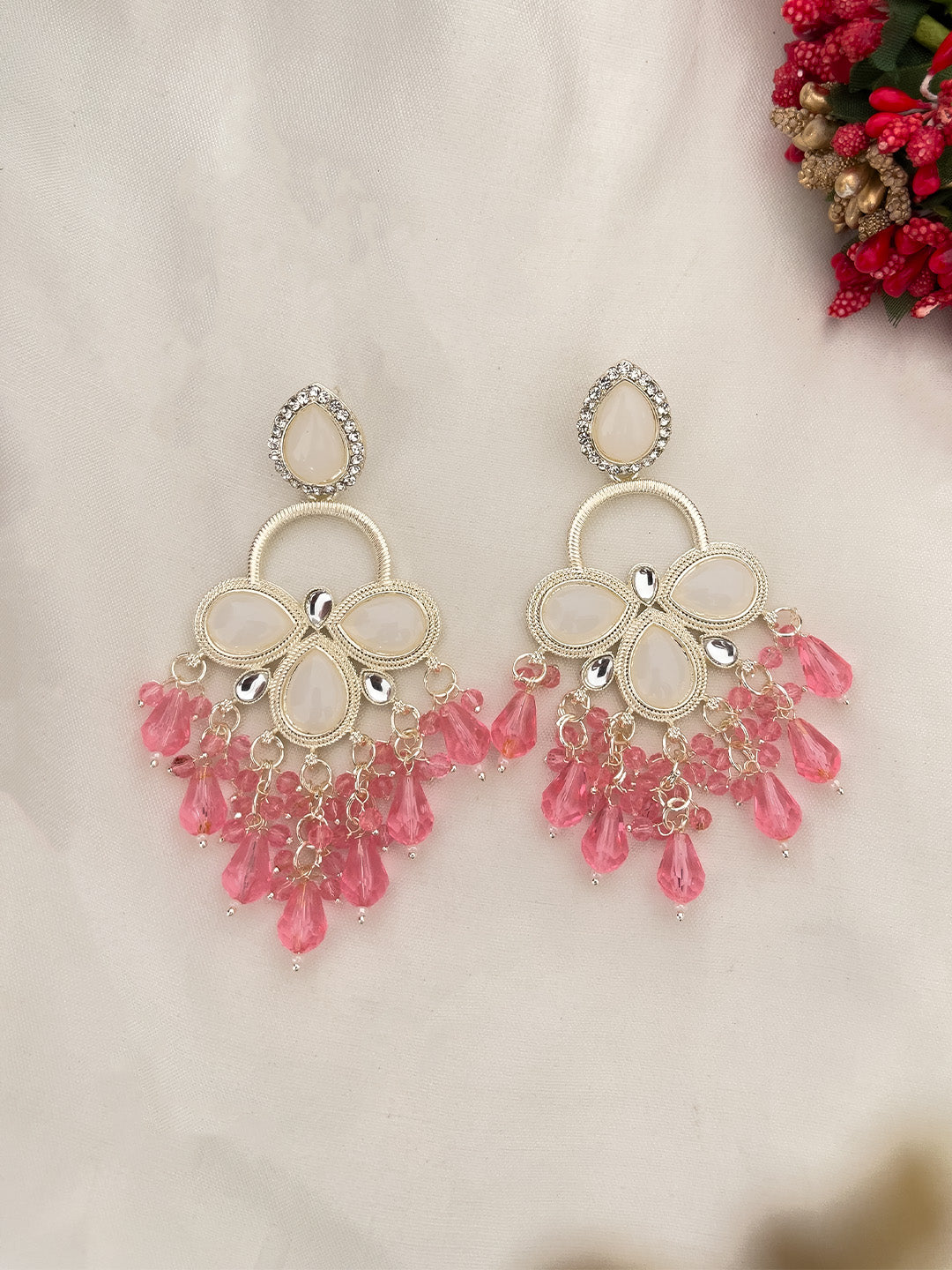 Ishhaara Light Pink White Gold Plated Kundan Classic Drop Earrings