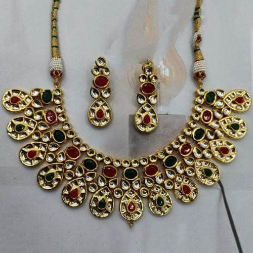 Ishhaara Light Red Drop Cut Kundan Necklace And Earring Set