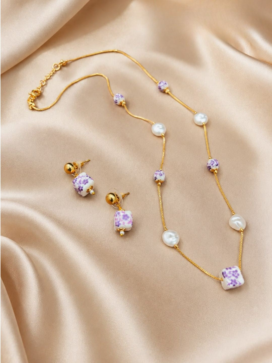 Ishhaara Lilac Floral Ceramic Bead Necklace & Earring Set