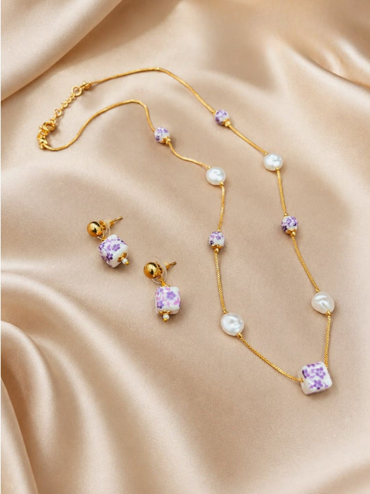Ishhaara Lilac Floral Ceramic Bead Necklace & Earring Set