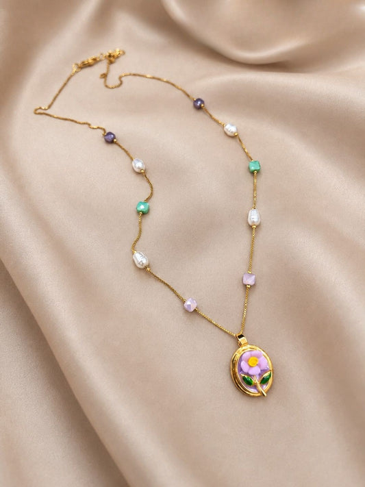 Ishhaara Lilac Flower Pendant Beaded Necklace