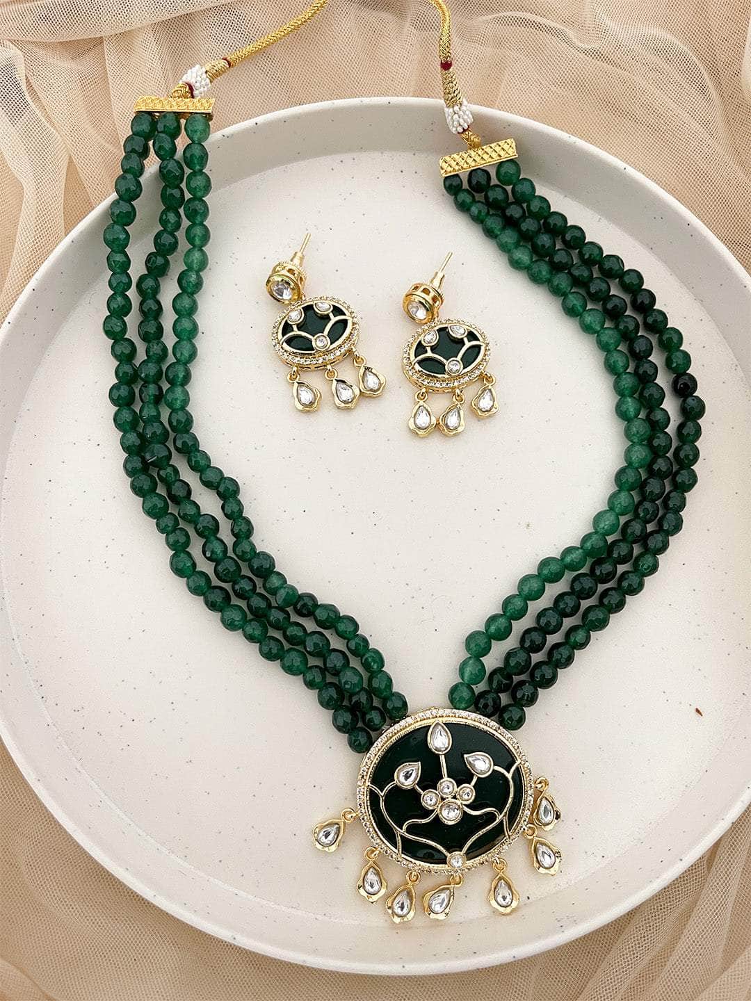 Ishhaara Long Carvin Stone Kundan Onyx Crystal Necklace