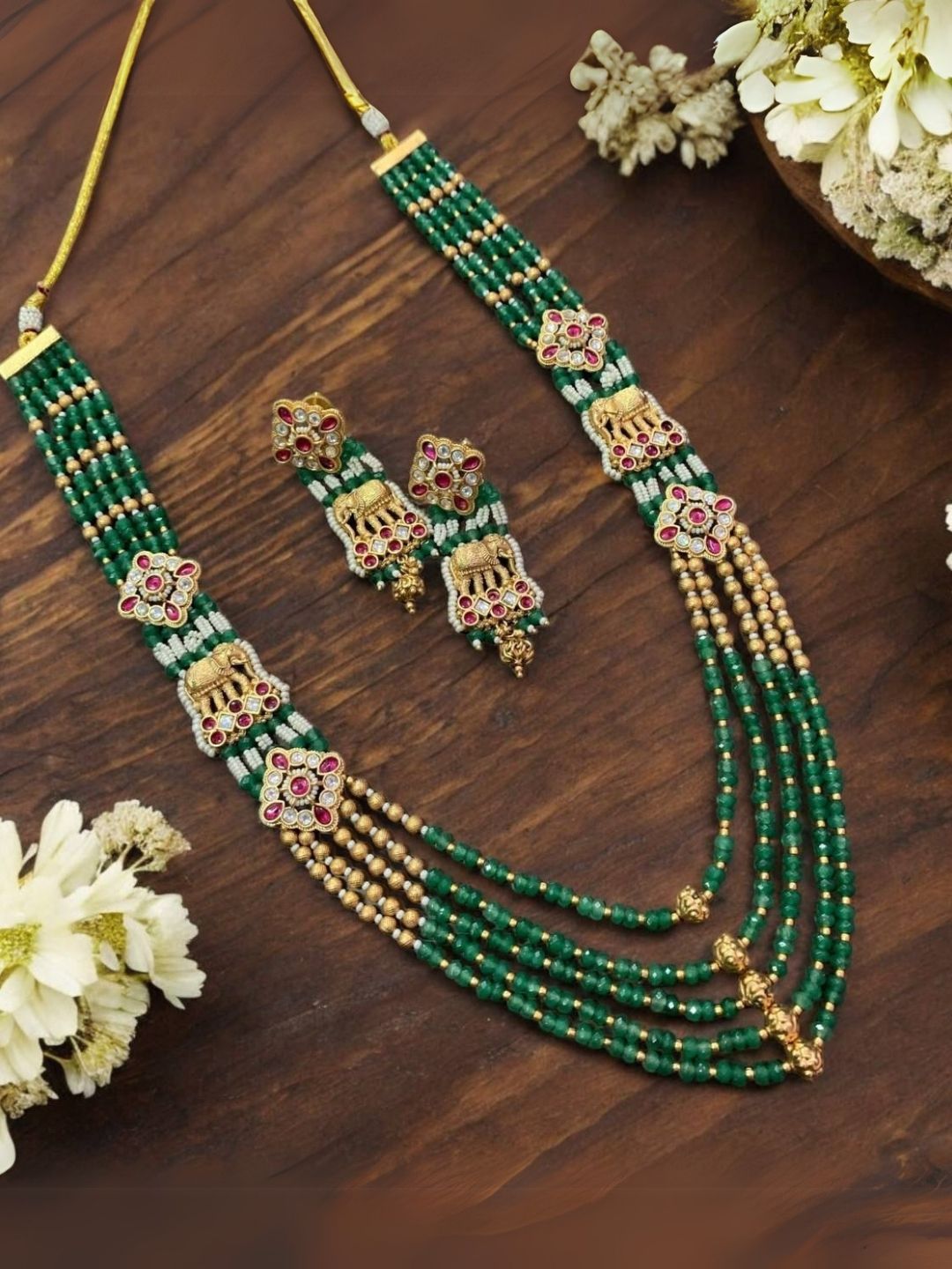 Ishhaara Long Green Kundan Necklace Set