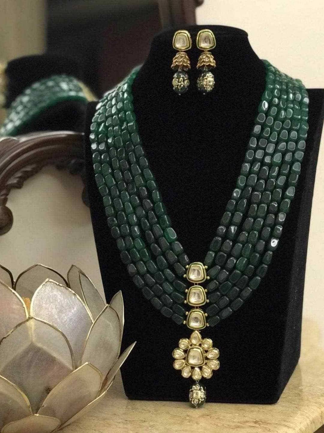 Ishhaara Long Kundan Pendant Green Beads Necklace
