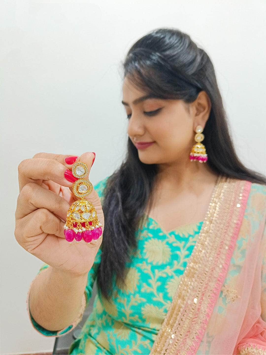 Ishhaara Long Meenakari Jhumka Earrings - Pink