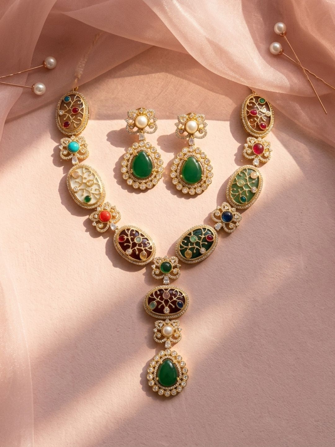 Ishhaara Long Victorian Navratan Multi Color Necklace