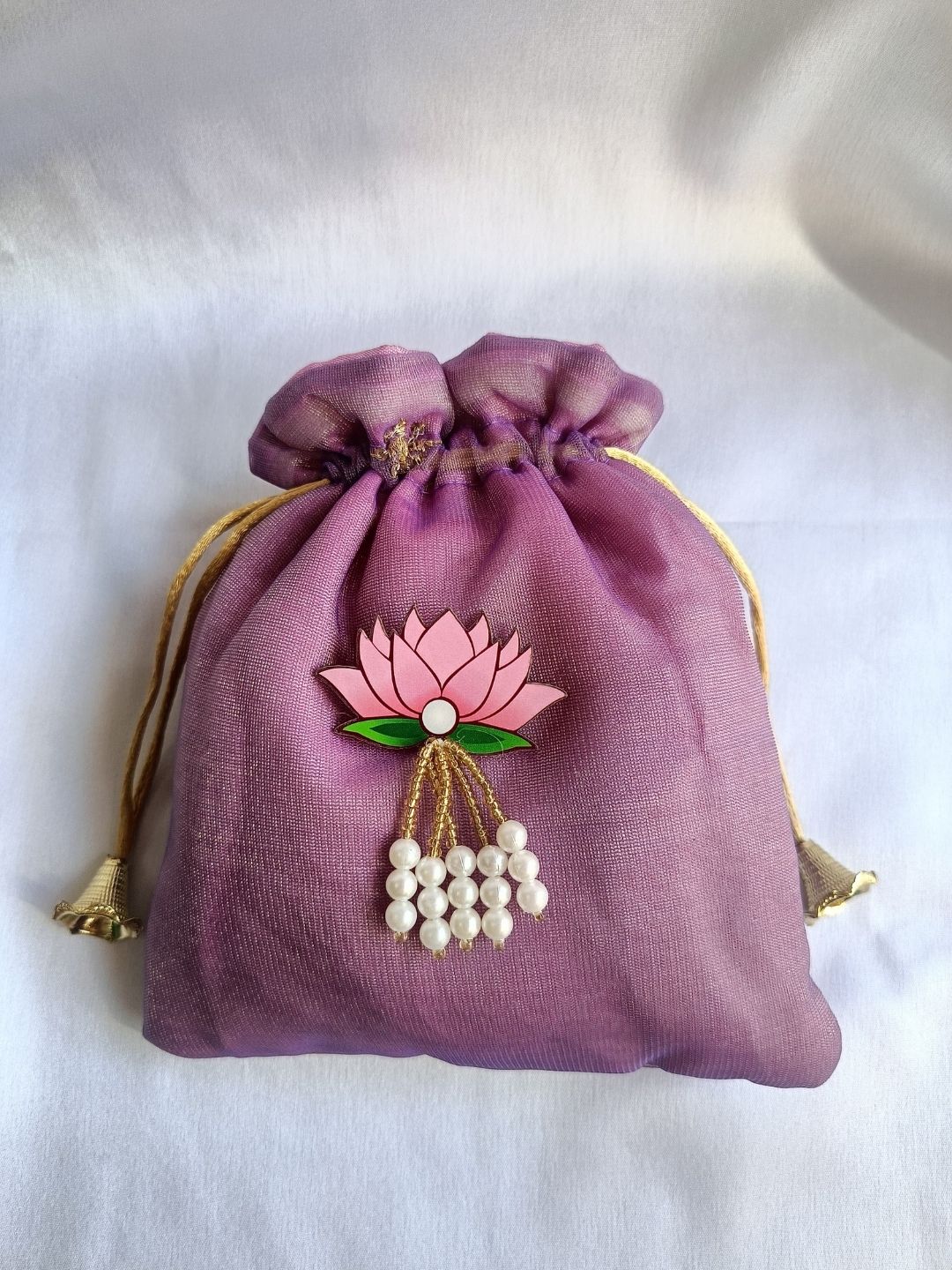 Buy Lotus Deigned Potli Bags For Wedding Favours Online - Ishhaara
