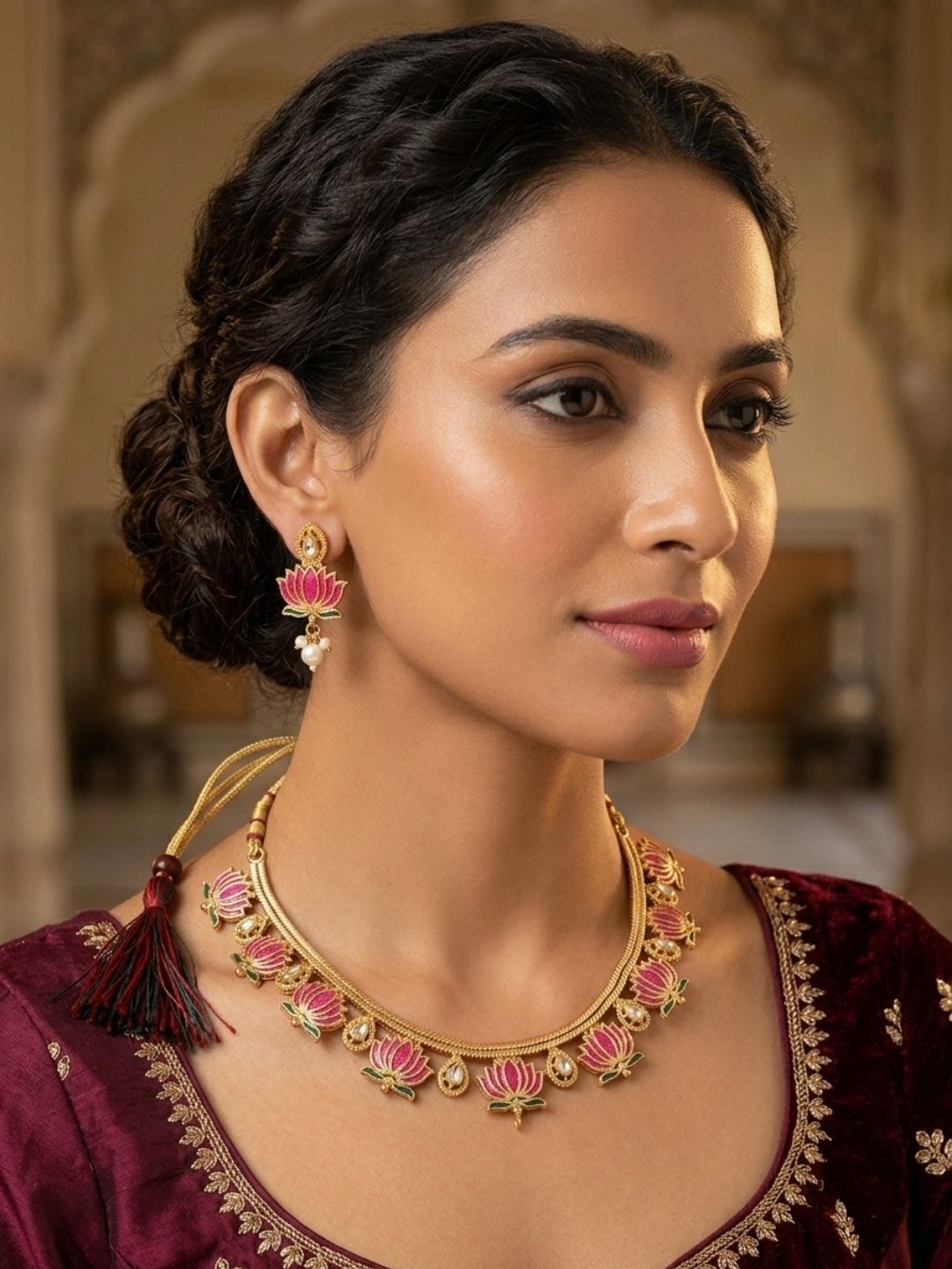 Ishhaara Lotus Design Enamel Necklace Set