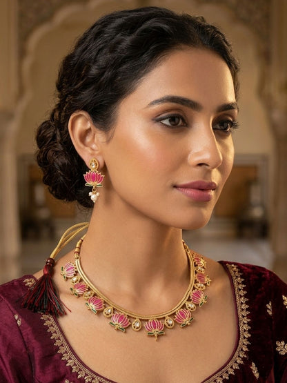 Ishhaara Lotus Design Enamel Necklace Set