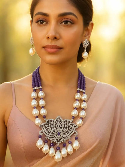 Ishhaara Lotus Shaped Pendant Studded Long Necklace