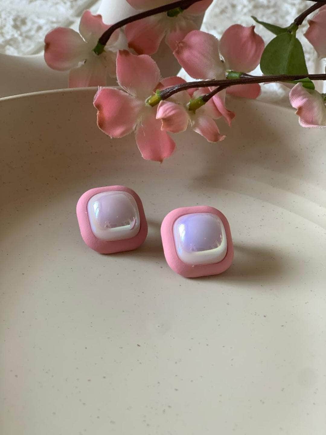 Ishhaara Pink Lucky Enamel Square Earrings