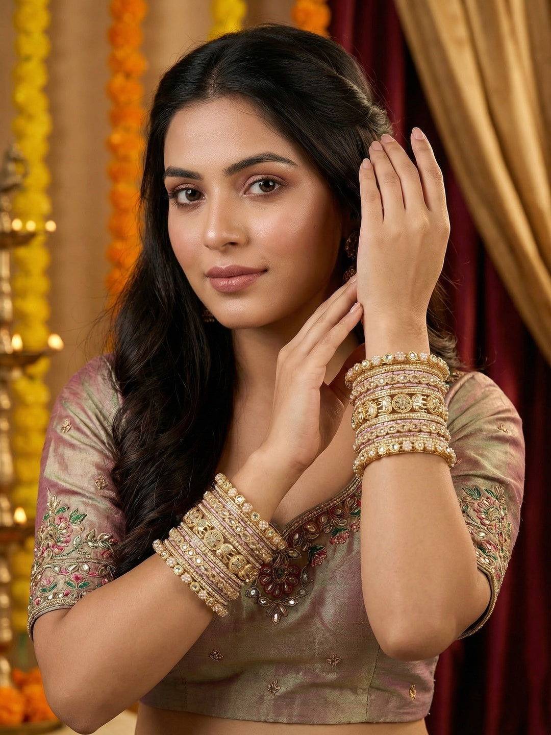 Ishhaara Luxurious Gold Kundan Bangle Set - A pair of intricately designed gold bangles with pink silk thread and rhinestones - view 4