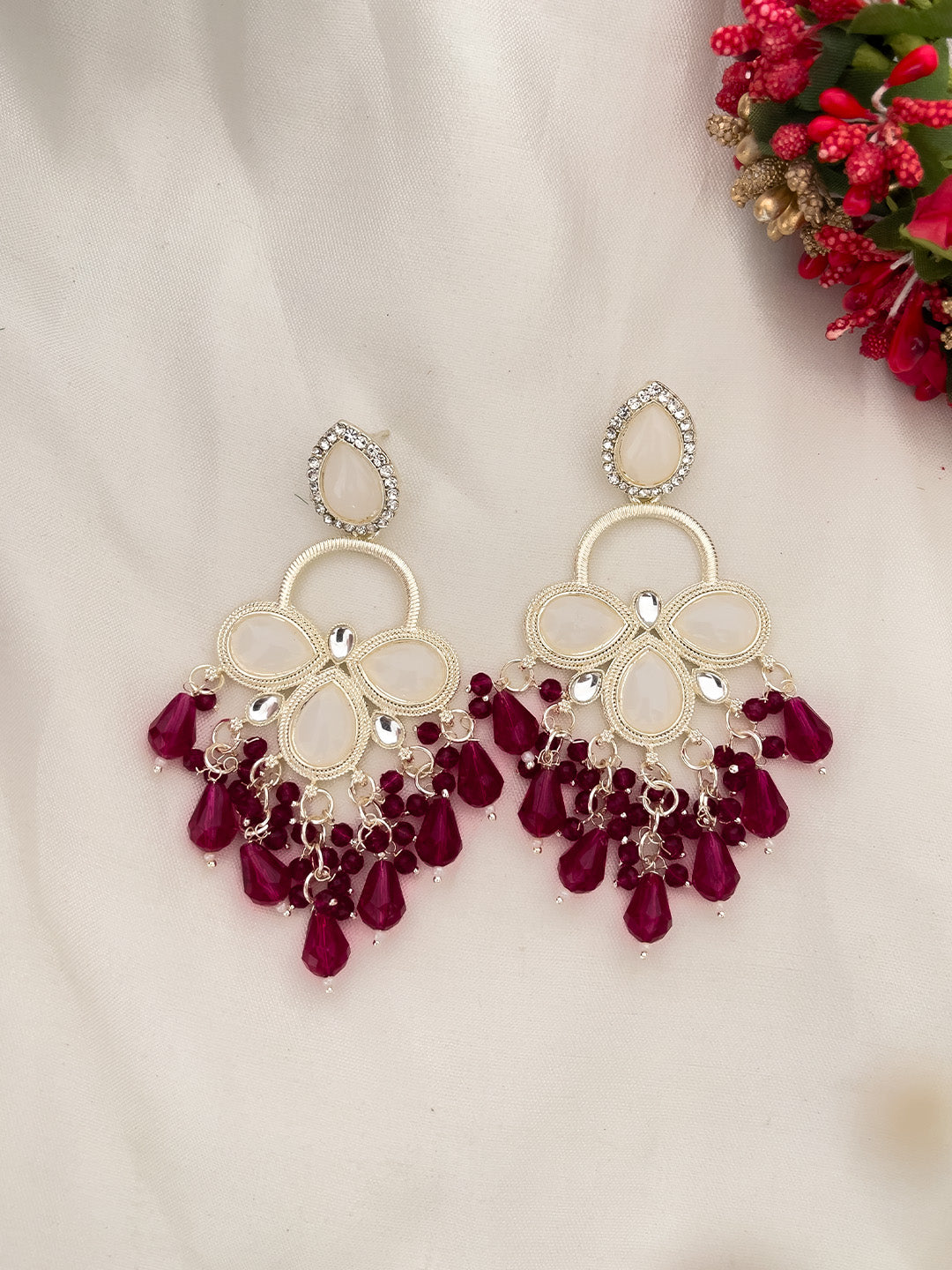 Ishhaara Magenta White Gold Plated Kundan Classic Drop Earrings