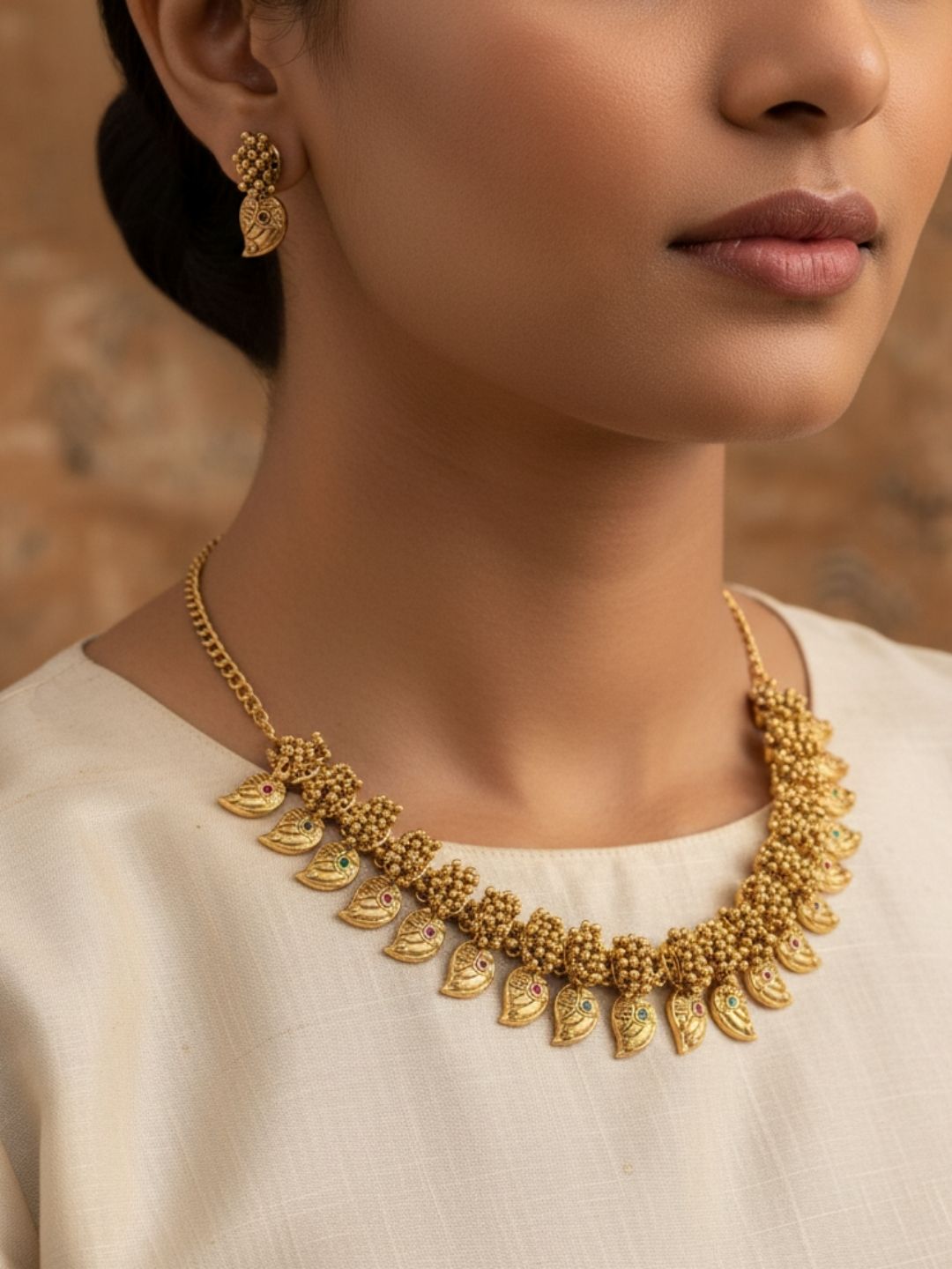 Ishhaara Mango Motif Antique Temple Necklace Set