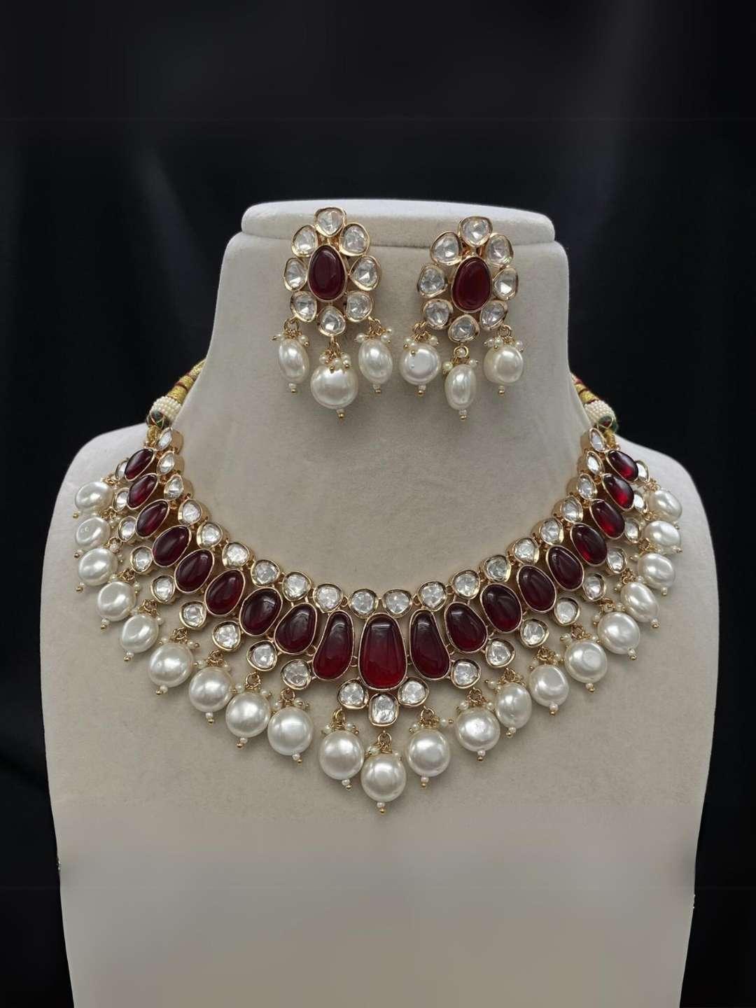 Ishhaara Maroon  Kundan And Beads Studded Choker Necklace Set